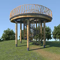 Circular Road Observation Decks With Spiral Stairs Wooden Structures And Metal Railings On Grassland