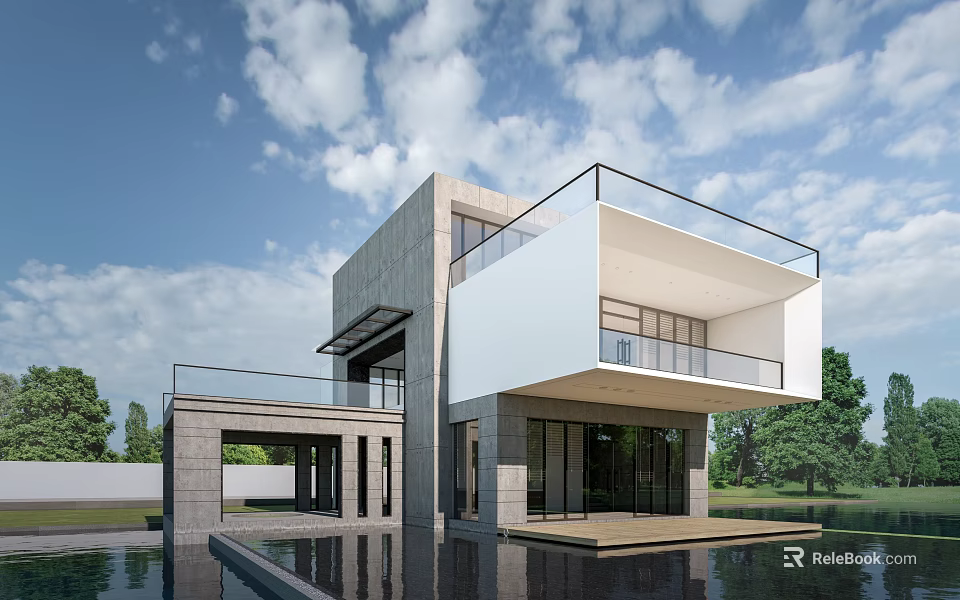 Modern Detached Villa With Waterfront View Large Windows Terrace And Natural Surroundings Design 3d model 