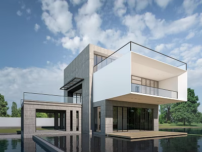 Modern Detached Villa With Waterfront View Large Windows Terrace And Natural Surroundings Design 3d model