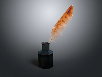 Vintage Orange White Feather Placed In Black Ink Bottle Decorative Item 3d model
