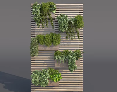 Vertical Living Plant Wall With Wooden Slat Background And Various Green Potted Plants 3d model