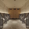 Modern Public Restroom Interior With Wooden Partitions White Urinals And Marble Walls