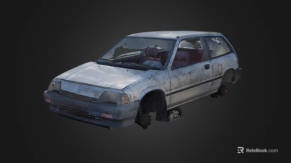 Abandoned Gray Hatchback Car With Rusty Body And Missing Wheels 3d model 