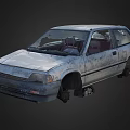 Abandoned Gray Hatchback Car With Rusty Body And Missing Wheels 3d model