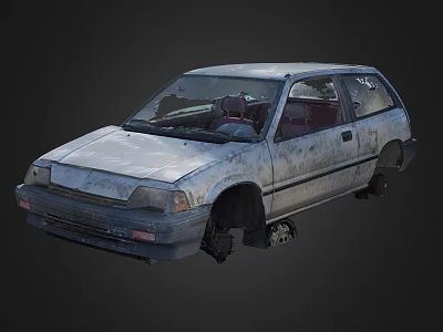 Abandoned Gray Hatchback Car With Rusty Body And Missing Wheels 3d model