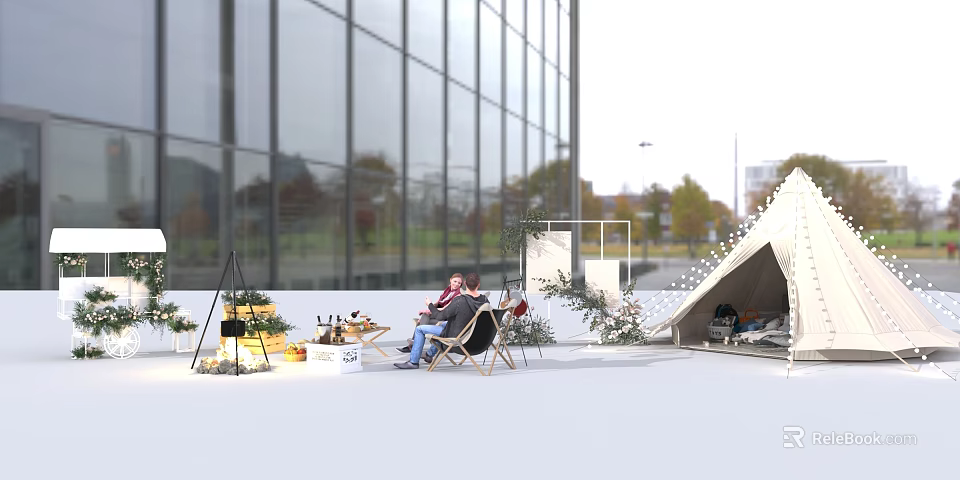 Outdoor Commercial Event Equipment With Tent Structure Seating And Plants Near Modern Glass Building 3d model 