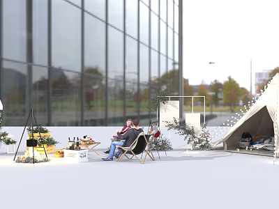 Outdoor Commercial Event Equipment With Tent Structure Seating And Plants Near Modern Glass Building 3d model