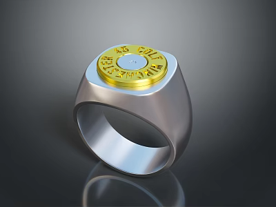Stylish Silver Ring With Golden Circular Top And Engraved Text 3d model