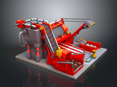 Industrial Crushing Machine Red Gray Structure With Conveyor Belt Roller And Yellow Components 3d model