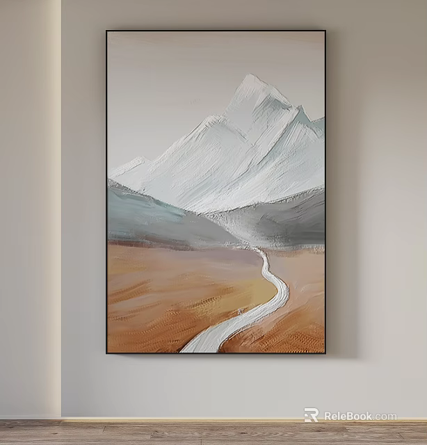 Mountain Landscape Painting With White Peaks Gray Hills And Brown Terrain Path 3d model 