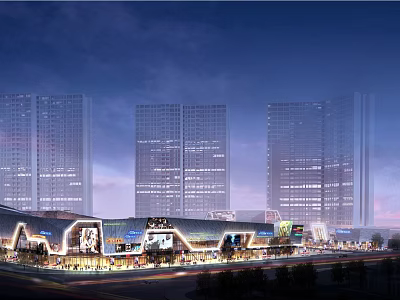 Modern Commercial Street With Tall Buildings Night Lighting And Busy Shopping Area 3d model
