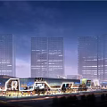 Modern Commercial Street With Tall Buildings Night Lighting And Busy Shopping Area