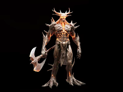 Fantasy Mythical Warrior Character With Antlers Spiked Body And Glowing Axe 3d model