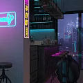 Modern KTV Lounge with Neon Sign Bar Counter and City Night View