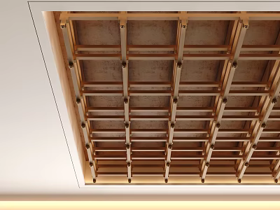 Stylish Interior Wooden Grid Ceiling Design With Cross Beams And Metal Fasteners 3d model