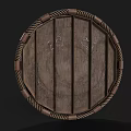 Medieval Wooden Shield With Dragon Carvings Metal Decorations Central Metal Disc And Rope Edge