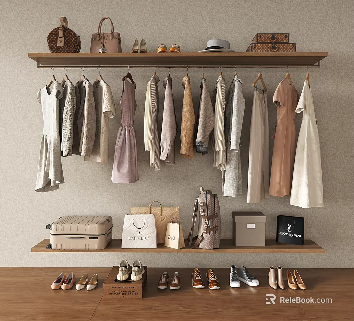 Neutral Toned Women's Clothes Hanging with Dresses Blouses and Shelf Accessories Bags Hats Shoes 3d model 