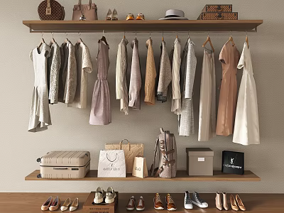 Neutral Toned Women's Clothes Hanging with Dresses Blouses and Shelf Accessories Bags Hats Shoes 3d model