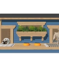Cozy Wooden Dog House With Green Plants Bowls Striped Mat And Playful Dog