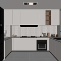 Modern Kitchen Interior With White Cabinets Black Refrigerator Built-in Oven Stove And Range Hood