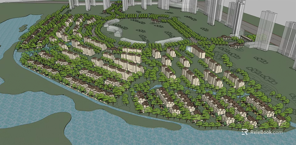 Modern Residential Community Layout With Lush Trees Water Area And Green Housing Buildings 3d model 