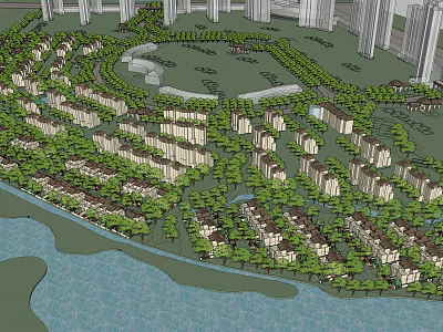 Modern Residential Community Layout With Lush Trees Water Area And Green Housing Buildings 3d model