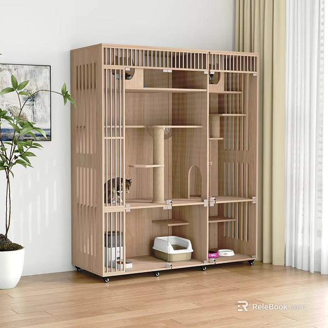Wooden Modern Cat Cage With Multi Layer Design Scratching Post And Litter Box 3d model 