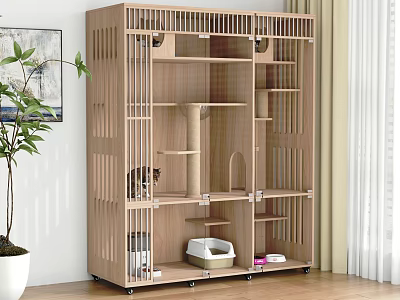 Wooden Modern Cat Cage With Multi Layer Design Scratching Post And Litter Box 3d model