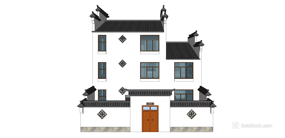 Chinese Style Detached Villa With White Walls Black Tiles And Carved Windows 3d model 