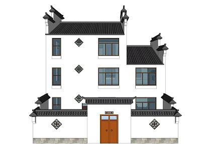Chinese Style Detached Villa With White Walls Black Tiles And Carved Windows 3d model