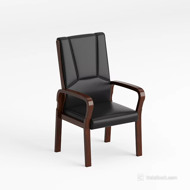 Modern Office Chair With Black Leather Seat Stitched Backrest And Wooden Curved Armrests 3d model 