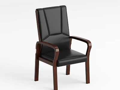 Modern Office Chair With Black Leather Seat Stitched Backrest And Wooden Curved Armrests 3d model