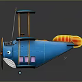 Blue Cartoon Style Biplane Featuring Yellow Propeller Whale Face And Windows