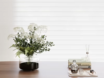 Transparent Vase With White Flowers Green Leaves On Wooden Table Window Blinds Background Home Decor 3d model