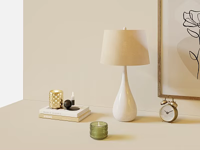 White Ceramic Table Lamp With Books Gold Green Candles Alarm Clock And Floral Wall Art 3d model