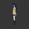3D Anime Game Character With Blue Black Long Hair Yellow Sweater And Blue Pleated Skirt