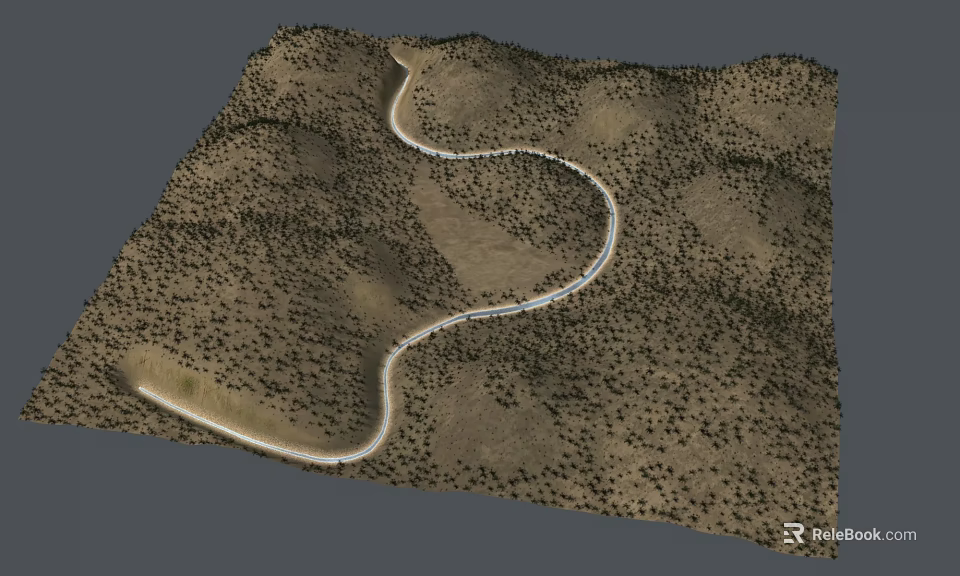 Winding Road Through Rolling Hills With Scattered Vegetation In Natural Landscape 3d model 