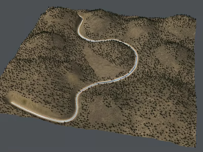 Winding Road Through Rolling Hills With Scattered Vegetation In Natural Landscape 3d model