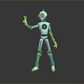 Robot Character With White And Blue Body And Orange Eyes Raising Hand On Reflective Floor