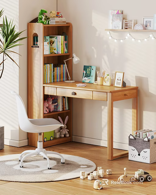 Kids Study Desk with Bookshelf Chair Toys and Cozy Learning Room Accessories 3d model 