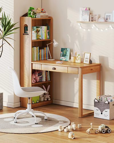 Kids Study Desk with Bookshelf Chair Toys and Cozy Learning Room Accessories 3d model