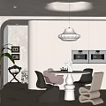 Modern Open Restaurant Interior With White Cabinets Round Table Chairs And Pendant Light 3d model