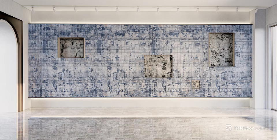 Modern Interior Background Wall With Blue White Patterned Texture And Square Decor Panels 3d model 
