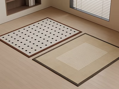 Two Square Rugs with Geometric Patterns White Beige Colors Brown Dark Borders on Wooden Floor 3d model