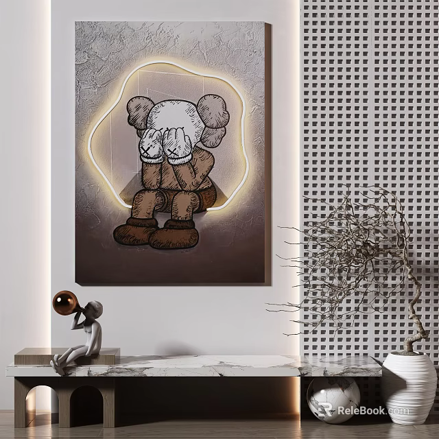 Modern Interior Wall Art Featuring Kaws Figure With Neon Light And Decorative Elements 3d model 