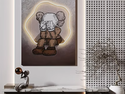 Modern Interior Wall Art Featuring Kaws Figure With Neon Light And Decorative Elements 3d model