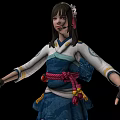 Traditional Blue And White Outfit Female Character With Ribbon Belt And Leg Wraps