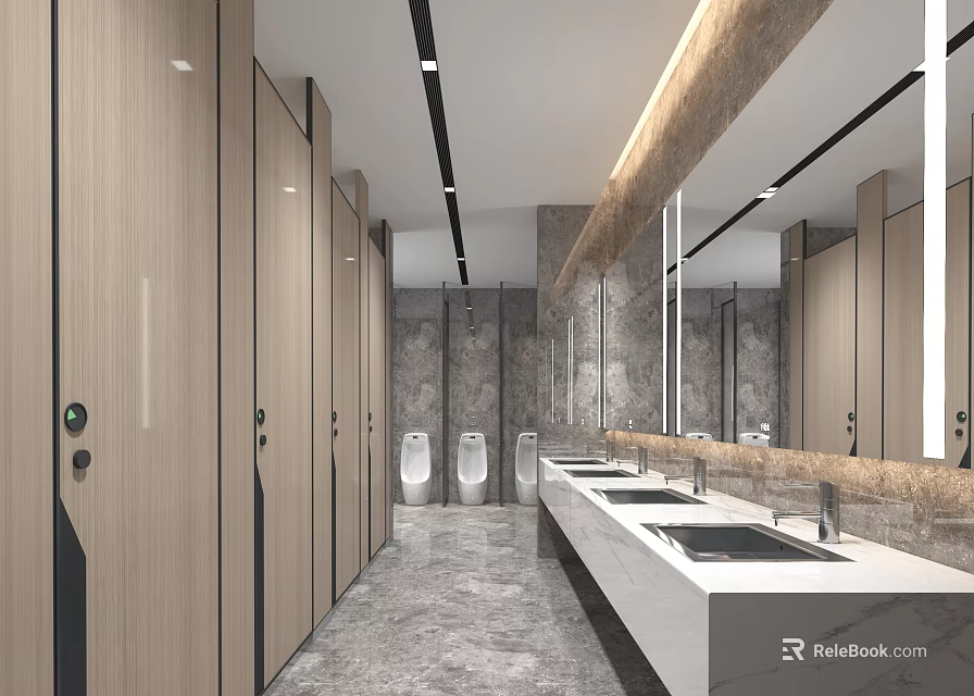 Modern Public Restroom Interior With Wooden Stalls Marble Sinks Gray Flooring And Long Mirrors 3d model 