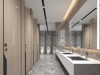 Modern Public Restroom Interior With Wooden Stalls Marble Sinks Gray Flooring And Long Mirrors 3d model