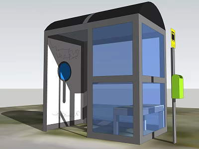 Modern Bus Shelter With Black Roof Glass Walls Bench Green Trash Bin And Signpost 3d model